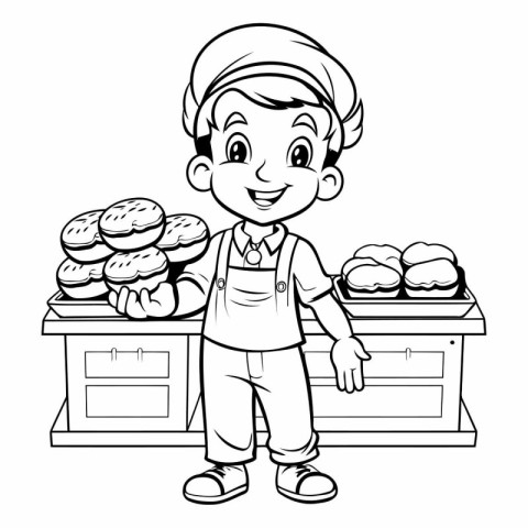 Bakery Boy with Biscuits - Black and White Cartoon Illustration.