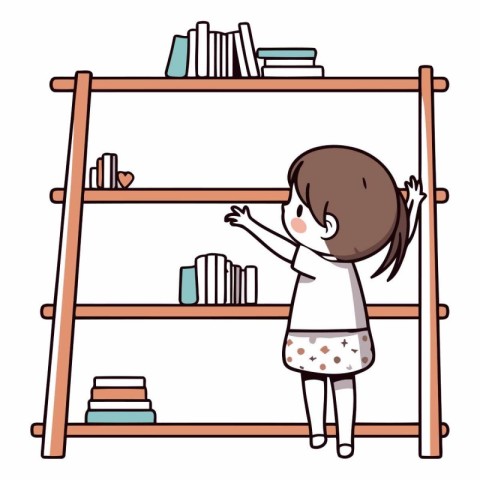 Illustration of a Little Girl Standing Beside a Bookshelf