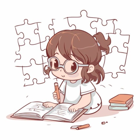 Illustration of a Cute Little Girl Studying in a Jigsaw Puzzle