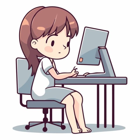 girl using computer and sitting at the desk in cartoon style.