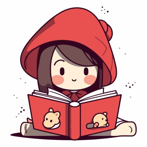 Illustration of a Cute Girl Reading a Book with a Teddy Bear