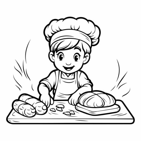 Cartoon Illustration of Cute Little Boy Chef with Bread or Crois