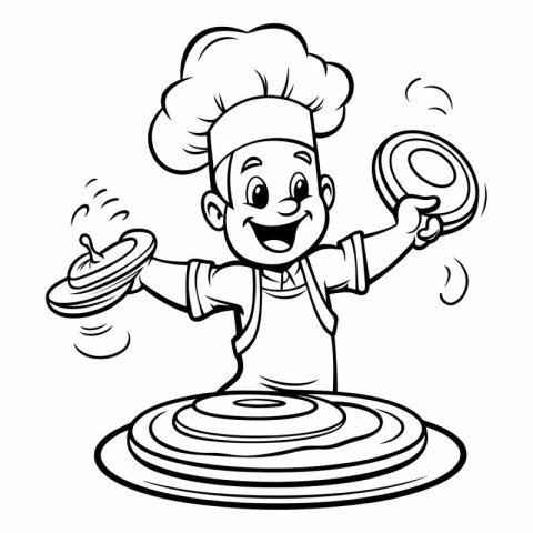 Black and White Cartoon Illustration of a Little Boy Chef Charac