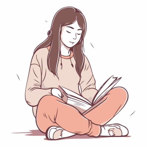 Illustration of a Teenage Girl Reading a Book on White Backgroun