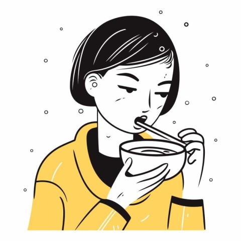 Illustration of a woman eating soup in a flat style.