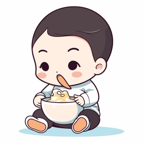 Cute baby boy eating cornflakes. Vector cartoon illustration.