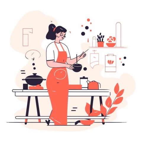Woman cooking in the kitchen in a flat style.