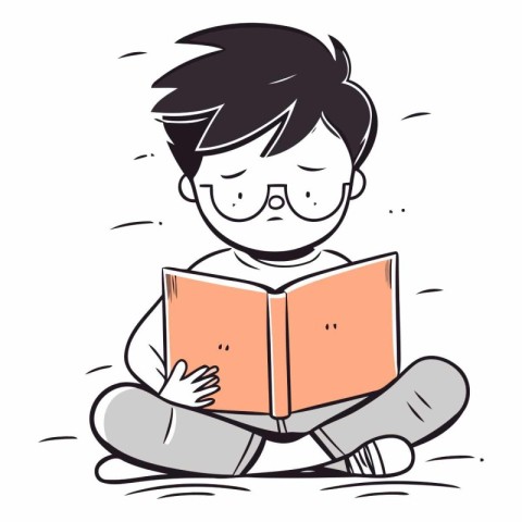 Boy reading a book in doodle style.