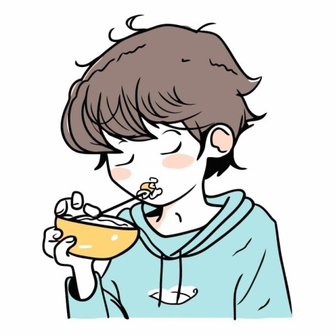 boy eating a bowl of cereals in cartoon style