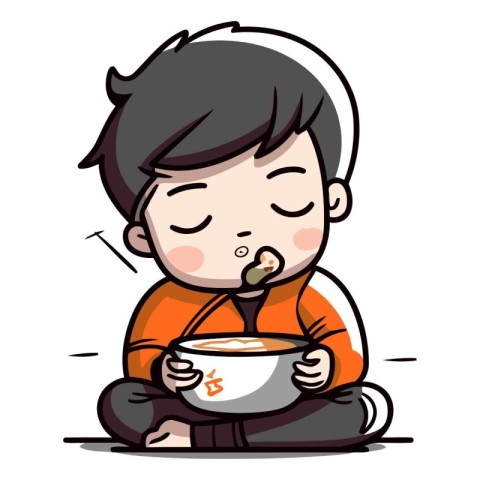 Illustration of a Kid Boy Eating a Bowl of Yummy Soup