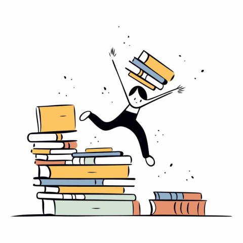 Businessman jumping from pile of books. Doodle vector illustrati