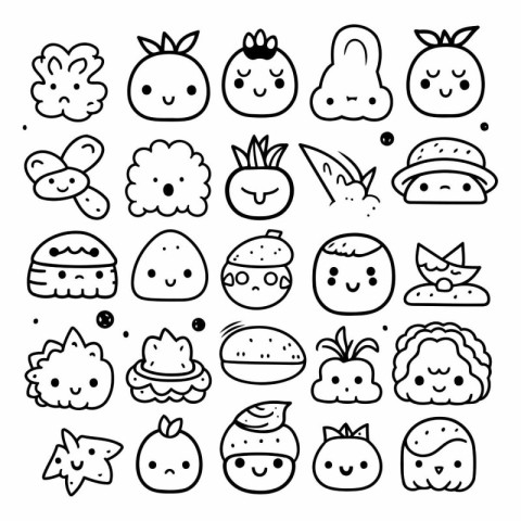 Set of cute kawaii doodle food icons