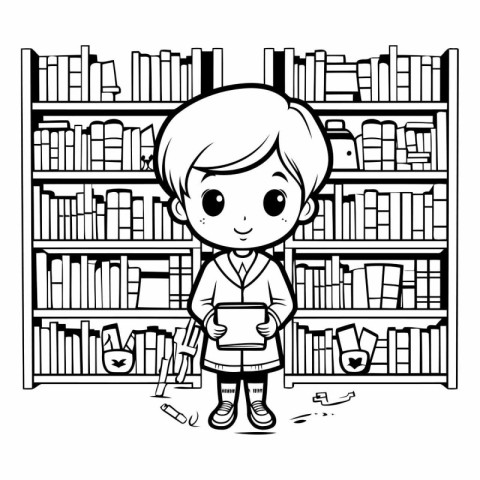 Boy in library with books. Black and white vector illustration f