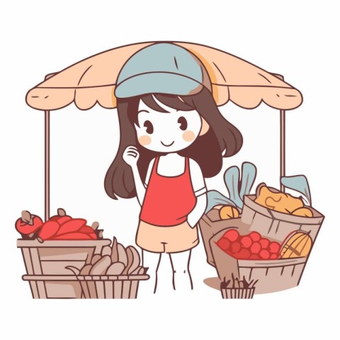 Illustration of a girl selling fruits and vegetables at the mark