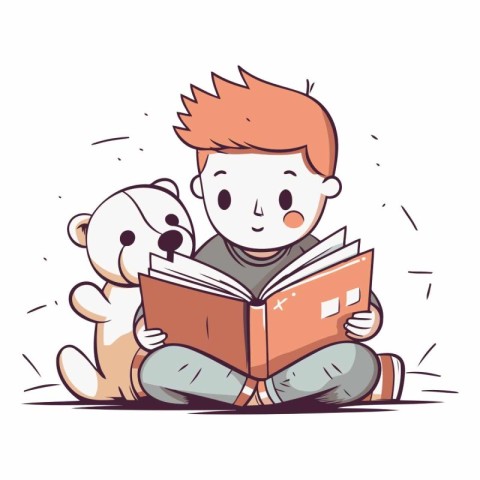 Cute boy reading a book with his dog.