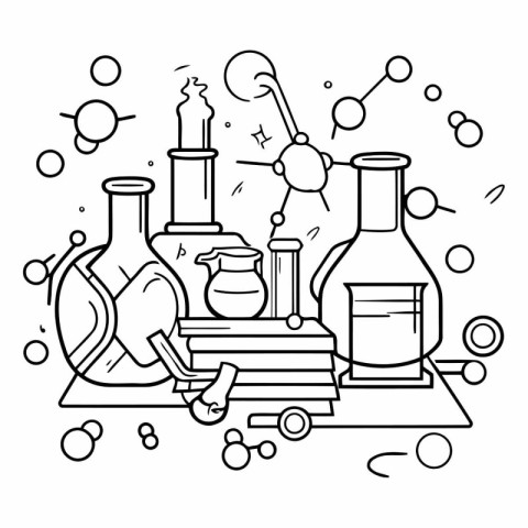 Chemistry laboratory equipment and test tubes in line art style.