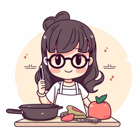 Cute little girl cooking in the kitchen in cartoon style.