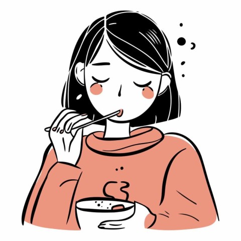 Illustration of a young woman having a cold while eating soup.