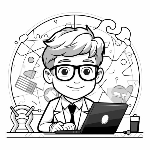 Cute boy in glasses with laptop for coloring book.