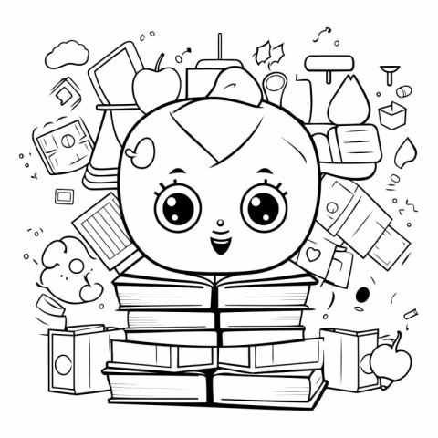 Coloring book for children: book stack with cute character.