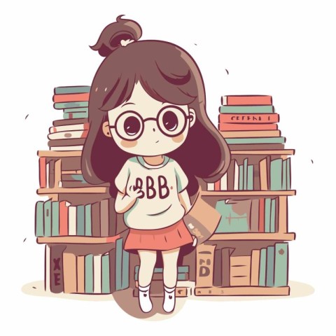 Cute little girl in glasses standing near the bookshelf.