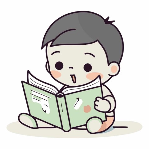 Cute boy reading a book on white background.