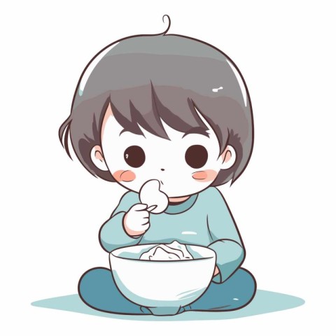 Boy eating soup with his mother in cartoon style.