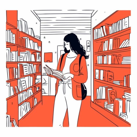 Vector illustration of a young woman reading a book in the libra