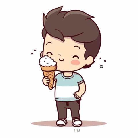 Cute little boy eating ice cream in cartoon style.