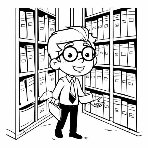 Black and White Cartoon Illustration of a Man Student in the Lib