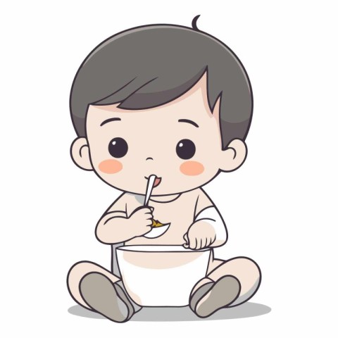 Cute baby boy eating noodle in pot.