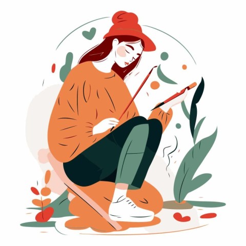 Vector illustration of a girl in a red hat sitting on the floor