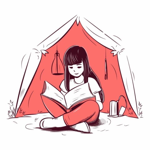 Girl reading a book in a tent. Hand drawn vector illustration.