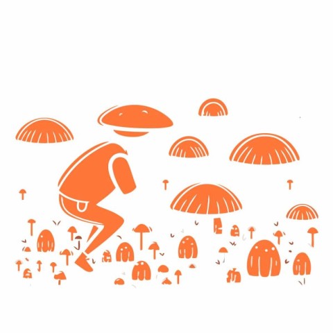 Vector illustration of a man running in the forest with mushroom