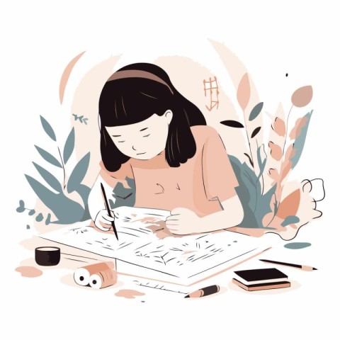 Girl writing in notebook at home. Hand drawn vector illustration