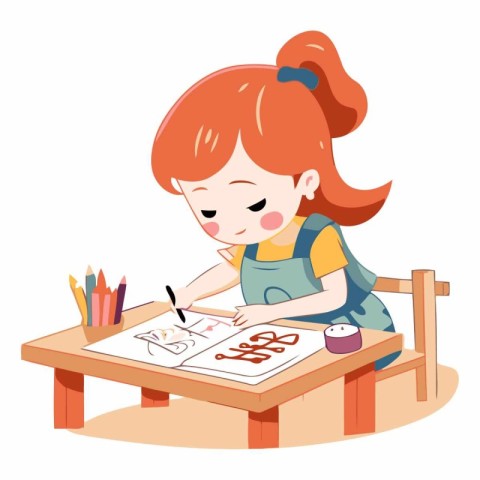 Cute little girl drawing with pencils and paints