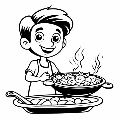 Black and White Cartoon Illustration of Kid Boy Cooking Food for