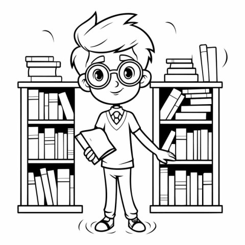 Cute boy reading book and standing in library vector illustratio