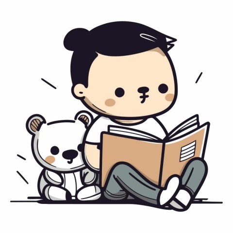 Cute little boy reading a book with panda bear.