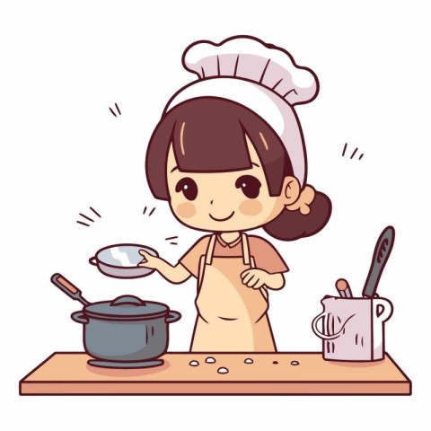 Chef girl cooking in the kitchen. Cute vector illustration.