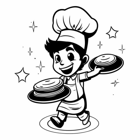 Black and White Cartoon Illustration of a Boy Chef with Stack of