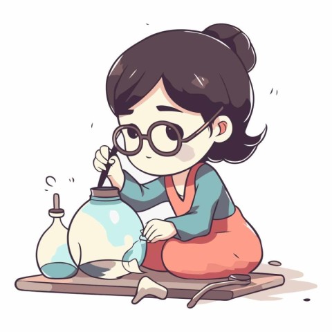 Illustration of a Kid Girl Studying with Glasses and a Glass Jar