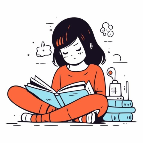 Little girl reading a book in doodle style.