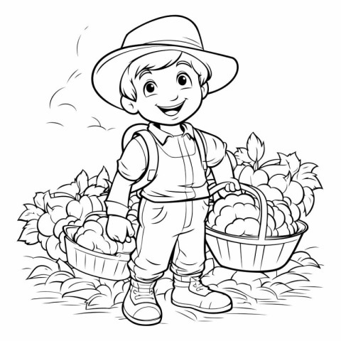 Black and White Cartoon Illustration of Cute Little Farmer Boy w