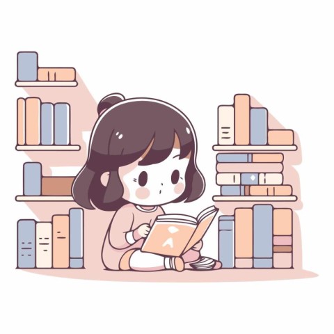 Illustration of a little girl reading a book while sitting in th