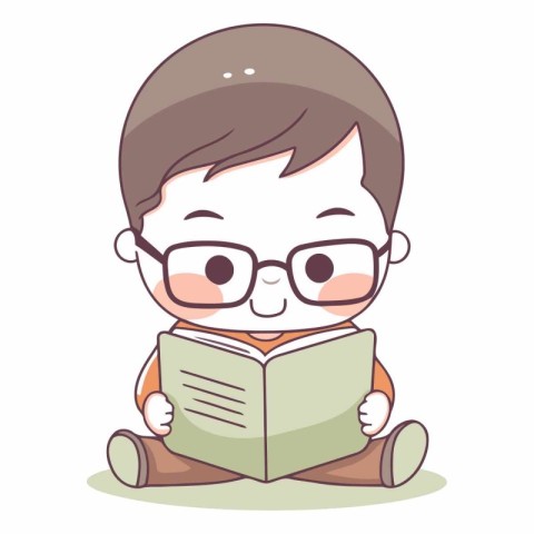 Cute boy reading a book in cartoon style.