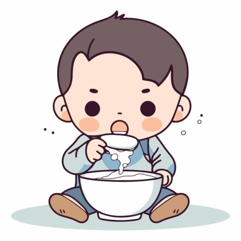 Boy eating soup with spoon vector illustration. Cartoon boy eati