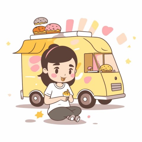 Illustration of a Girl Sitting Next to a Fast Food Truck.