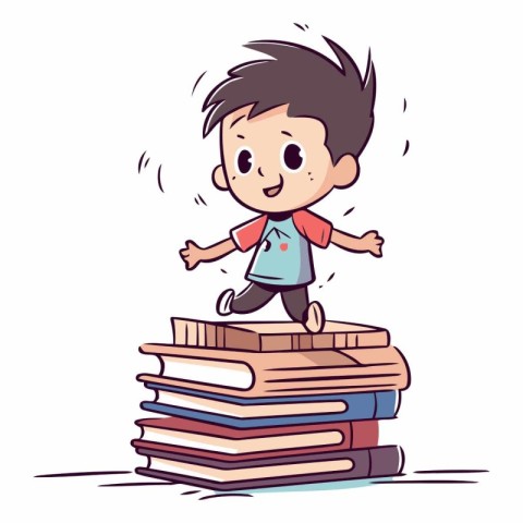 Little boy running on pile of books of a little boy running on p