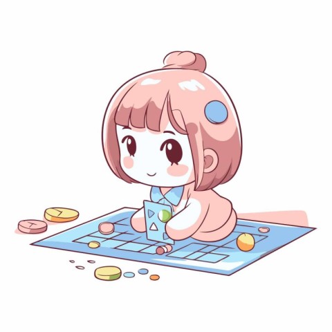 Illustration of a Cute Little Girl Playing Board Game on White B